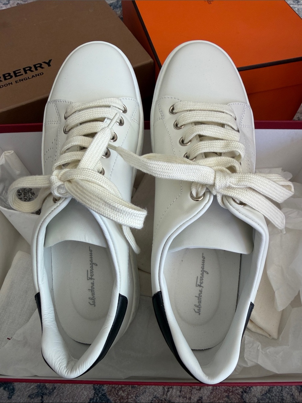 Salvatore Ferragamo White Leather Sneakers with Black Heel Tab